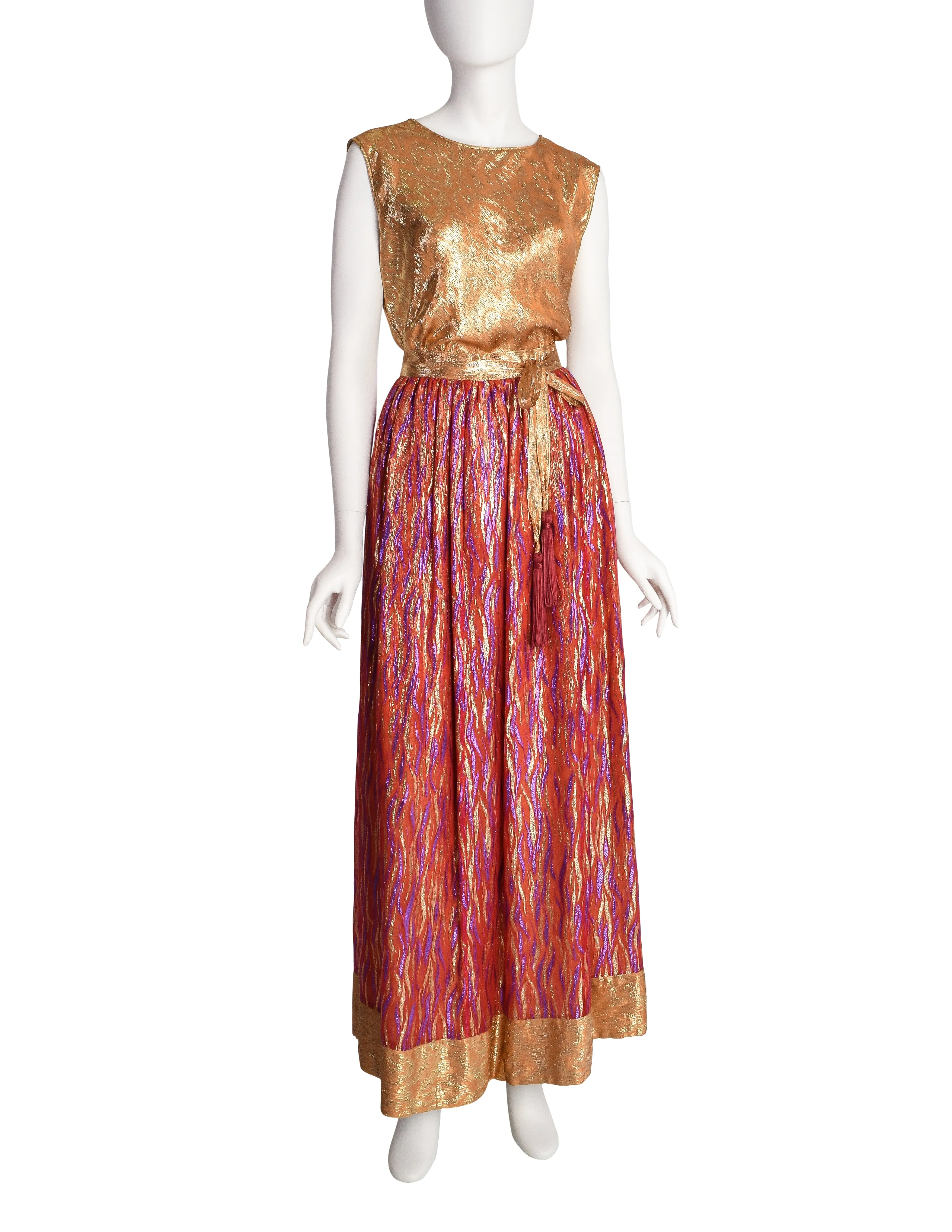 Adolfo Vintage Gold and Red Metallic Silk Top and Skirt Ensemble Set