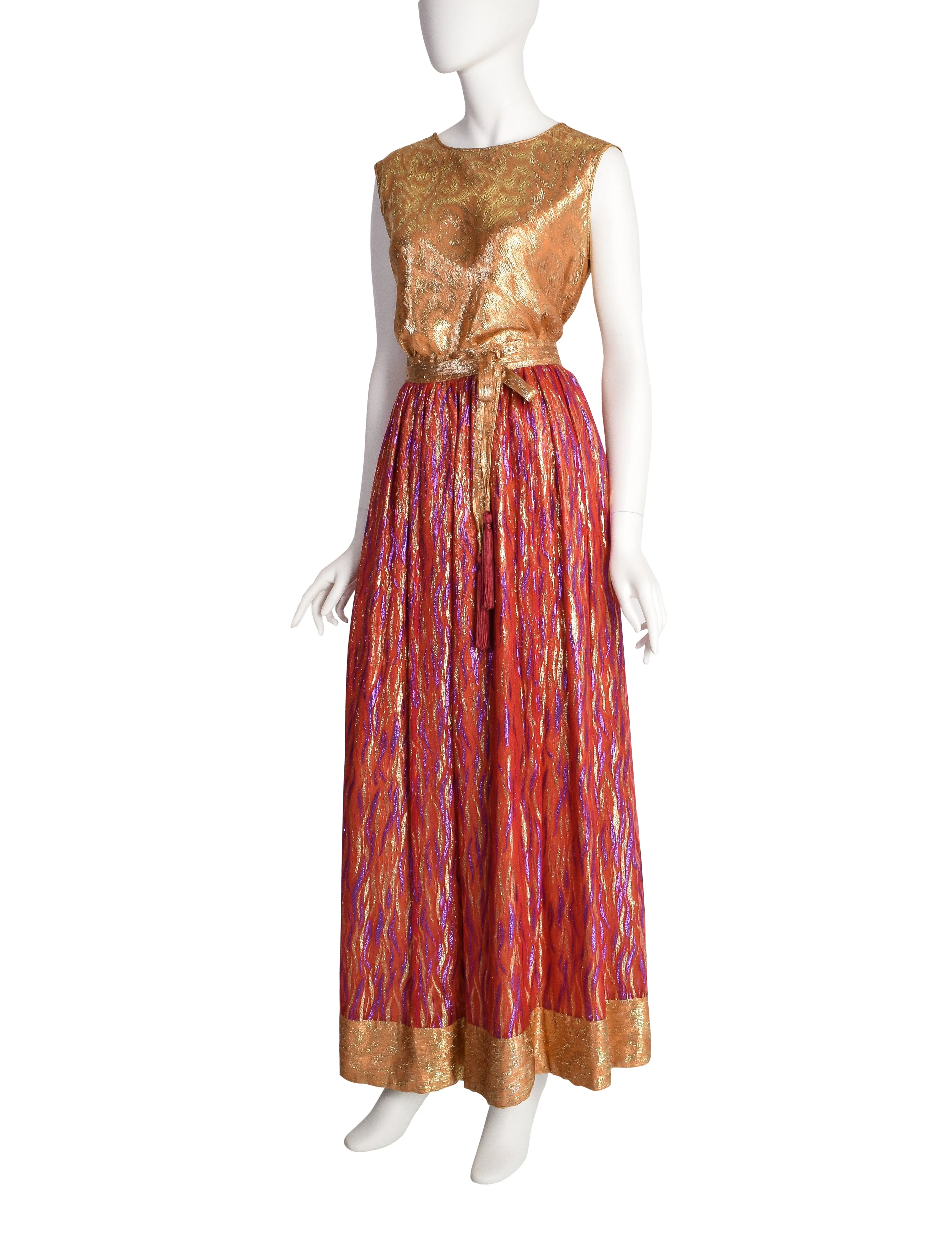 Adolfo Vintage Gold and Red Metallic Silk Top and Skirt Ensemble Set