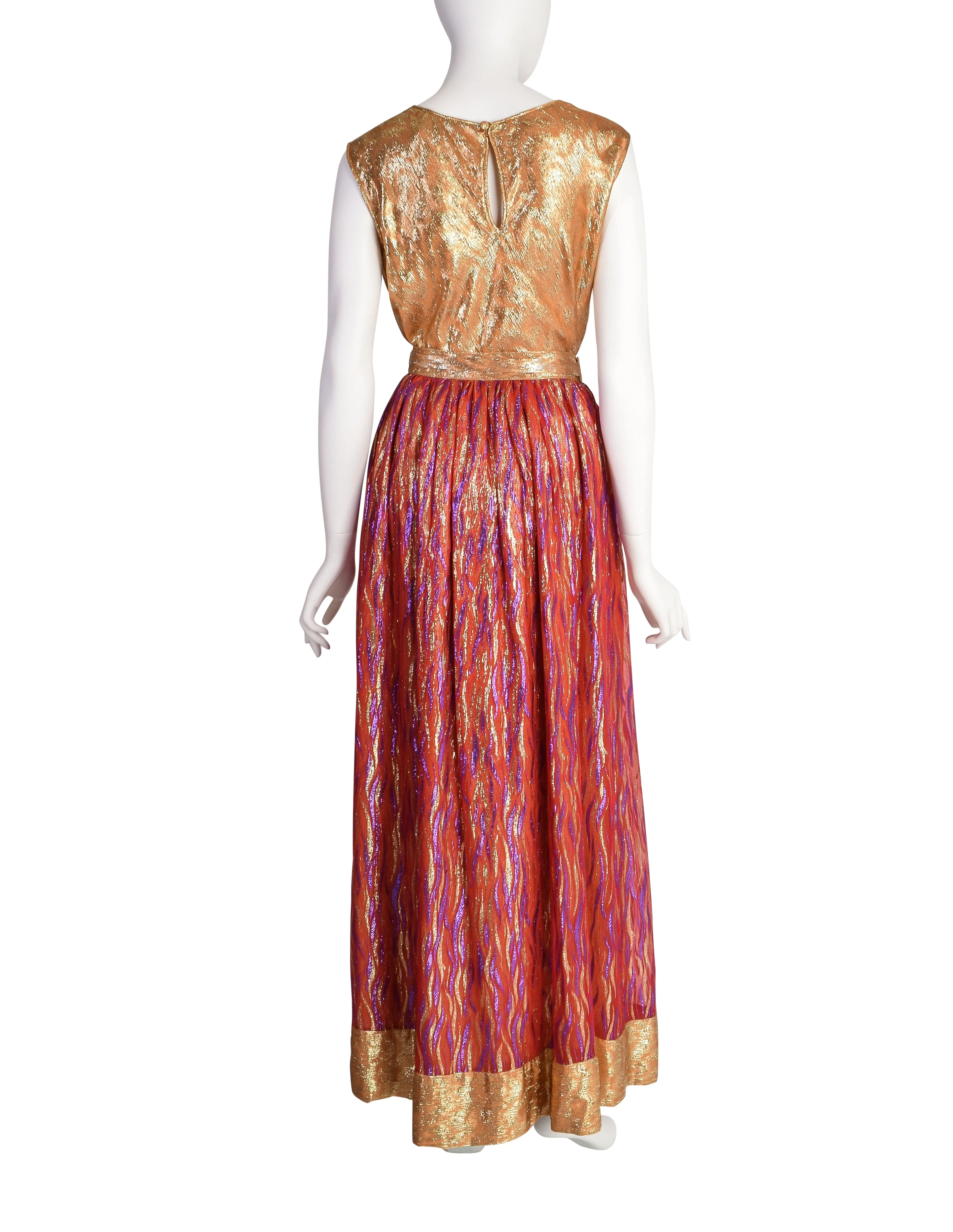 Adolfo Vintage Gold and Red Metallic Silk Top and Skirt Ensemble Set