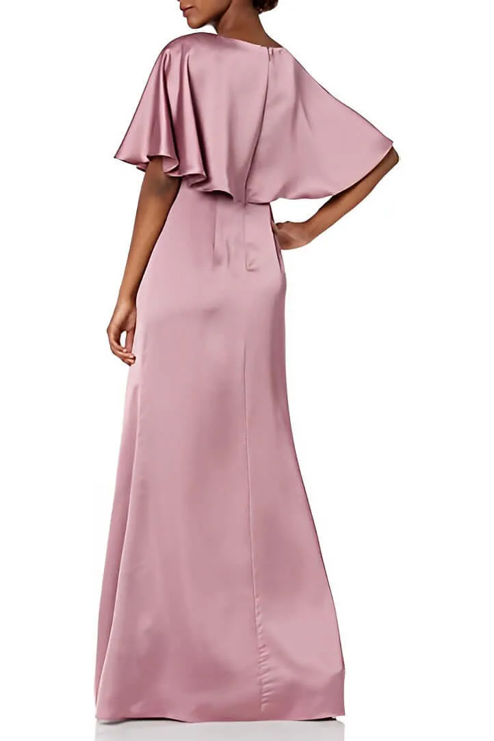 Adrianna Papell Boat Neck Short Sleeve Pleated Brooch Front Zipper Back Satin Gown