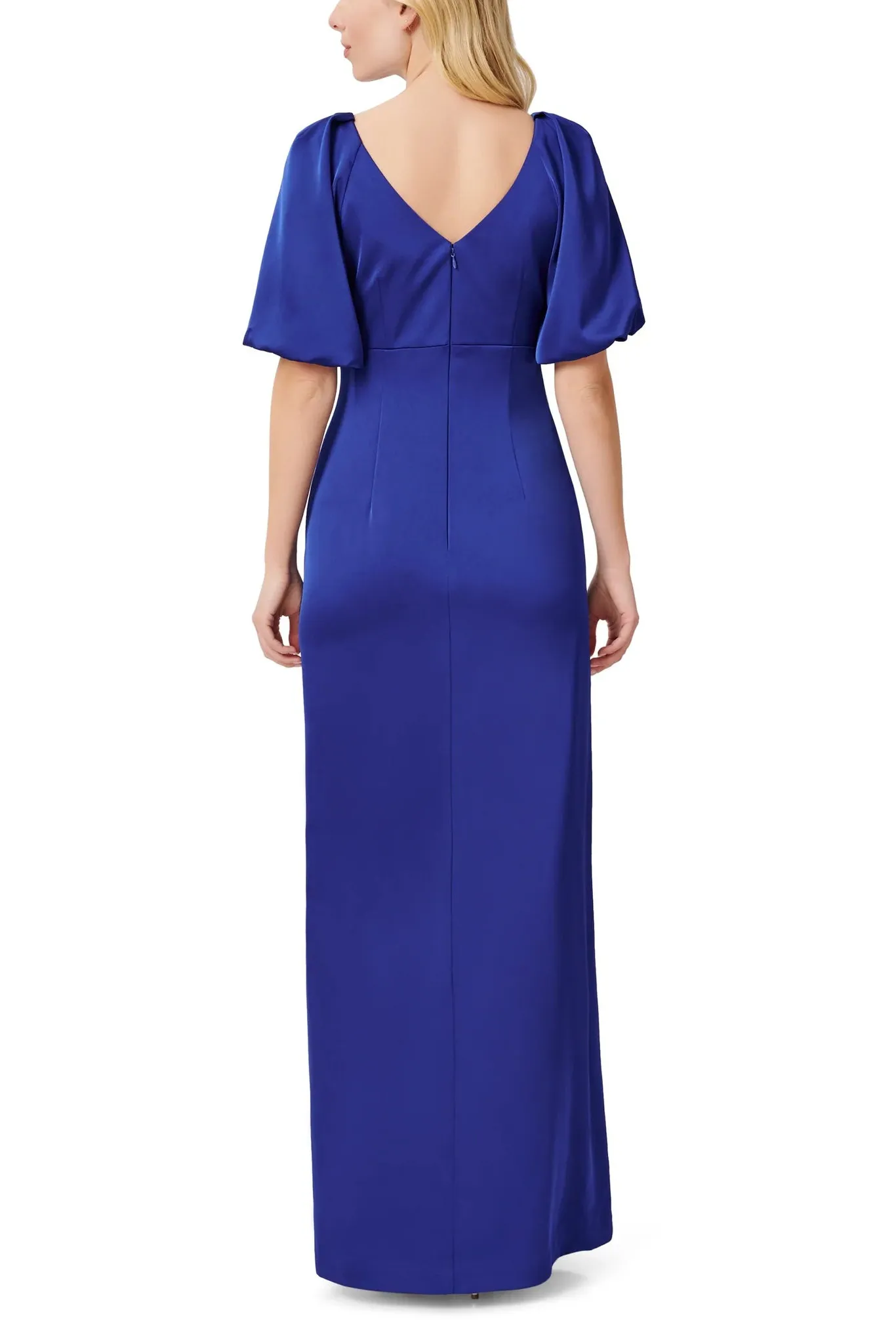 Aidan Mattox V- Neck Back Zipper Pleated Shoulders Short Sleeves Front Slit Opening Long Satin Dress