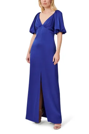 Aidan Mattox V- Neck Back Zipper Pleated Shoulders Short Sleeves Front Slit Opening Long Satin Dress