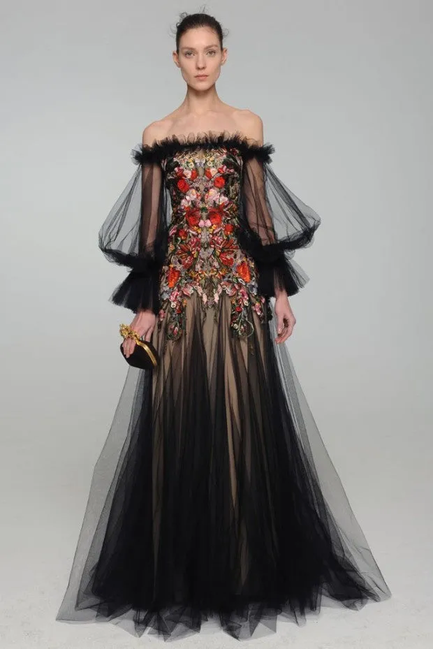 Alexander McQueen - Black Tulle Sleeves Off Shoulder Red Embellished with Nude Underlay - IT 40