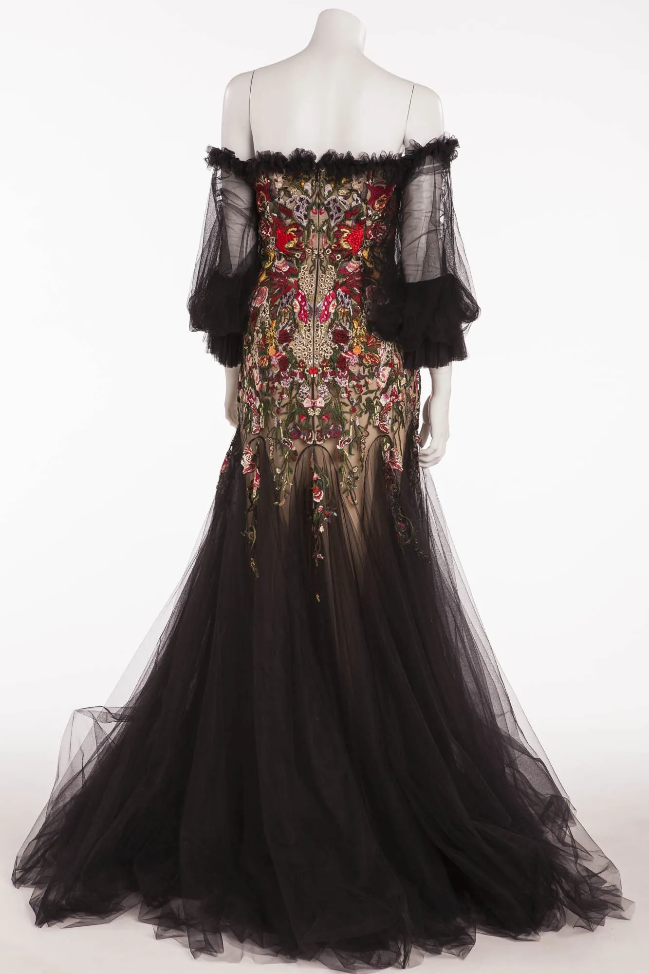 Alexander McQueen - Black Tulle Sleeves Off Shoulder Red Embellished with Nude Underlay - IT 40