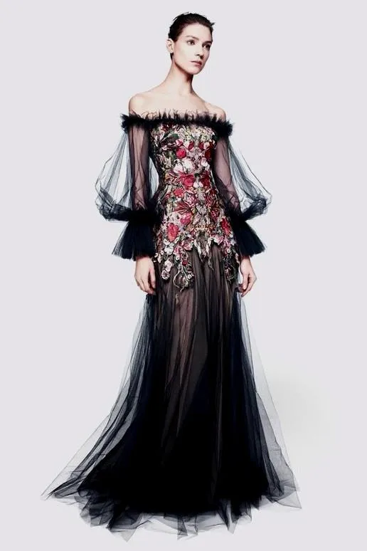 Alexander McQueen - Black Tulle Sleeves Off Shoulder Red Embellished with Nude Underlay - IT 40