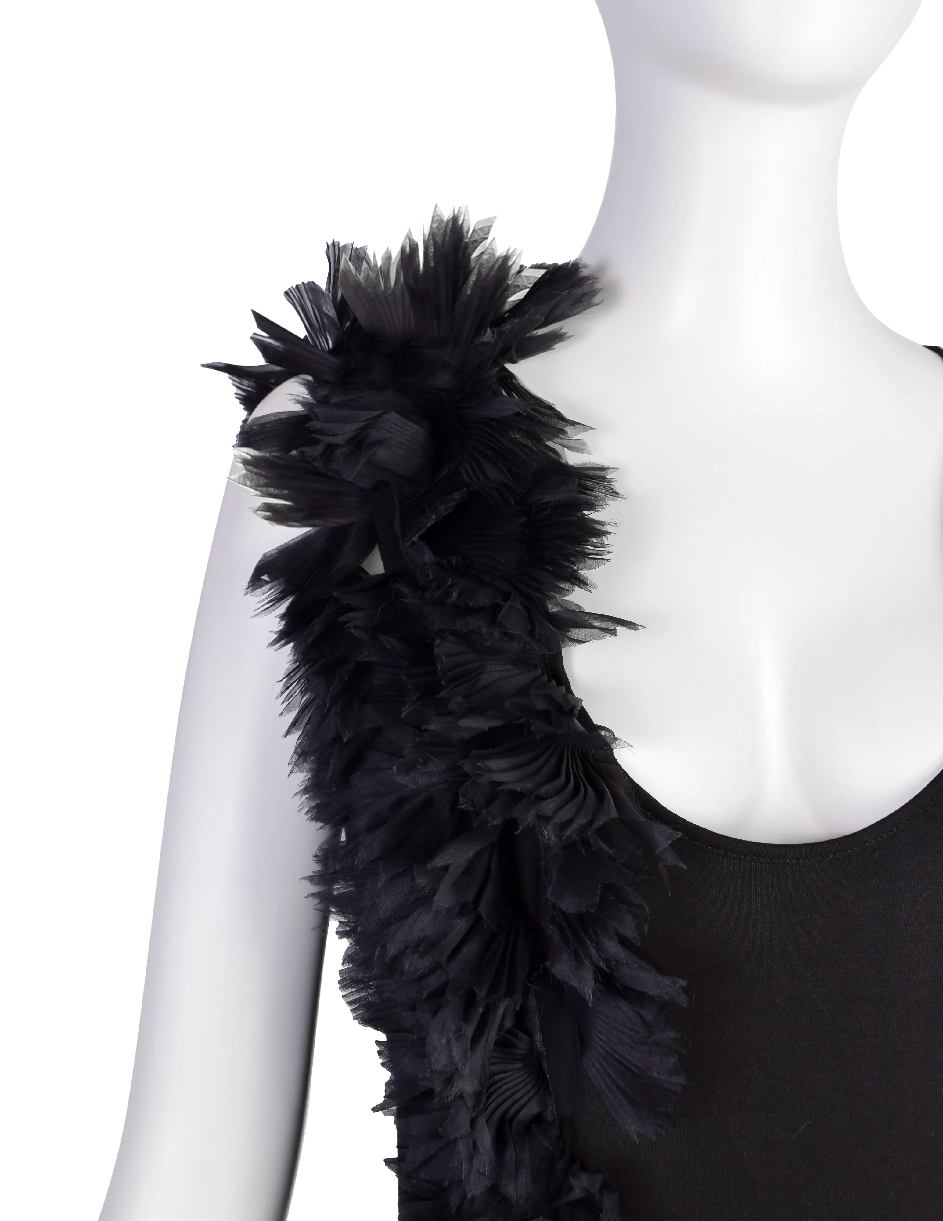 Alexander McQueen Vintage SS 2001 VOSS Black Jersey Tank Top with Pleated Chiffon 'Feather' Tail