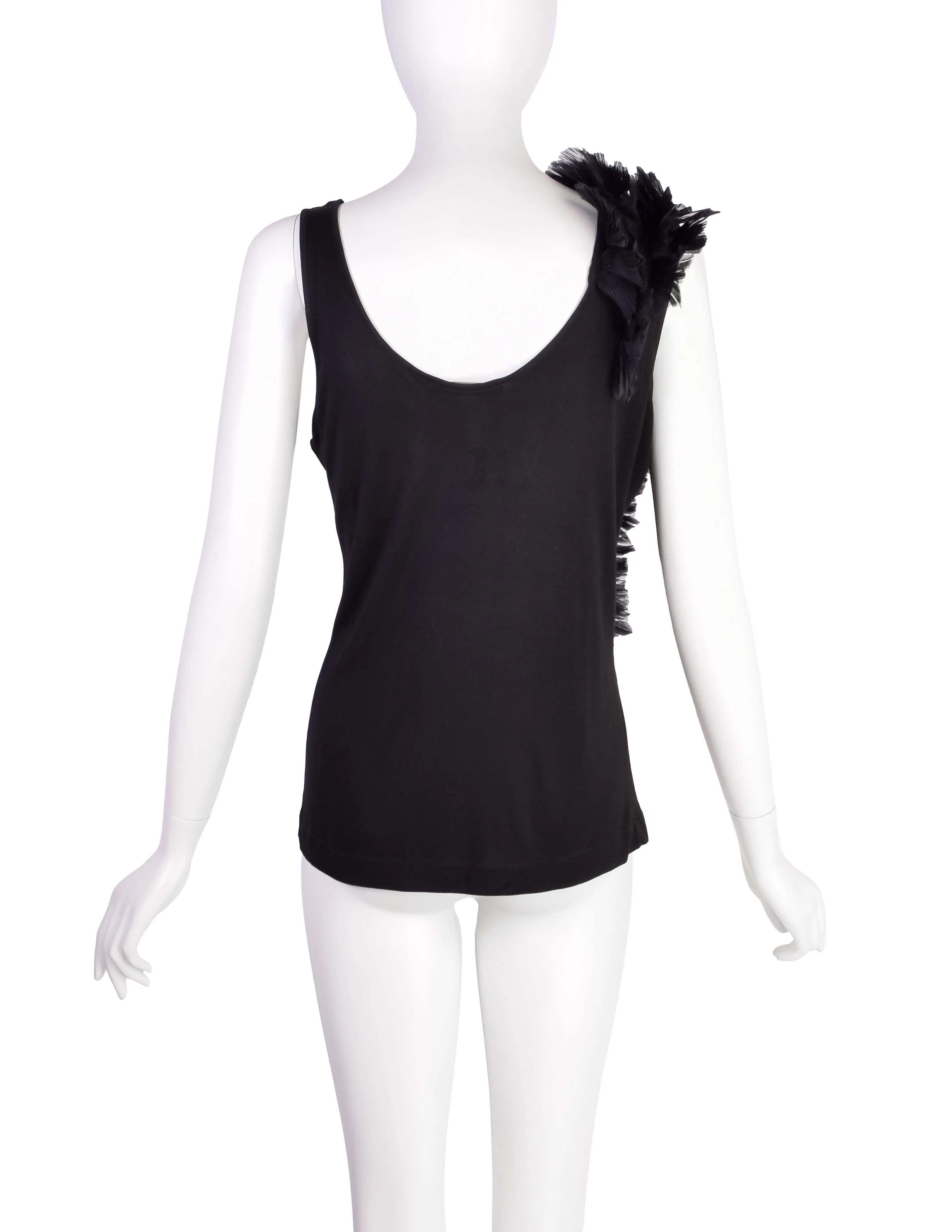 Alexander McQueen Vintage SS 2001 VOSS Black Jersey Tank Top with Pleated Chiffon 'Feather' Tail