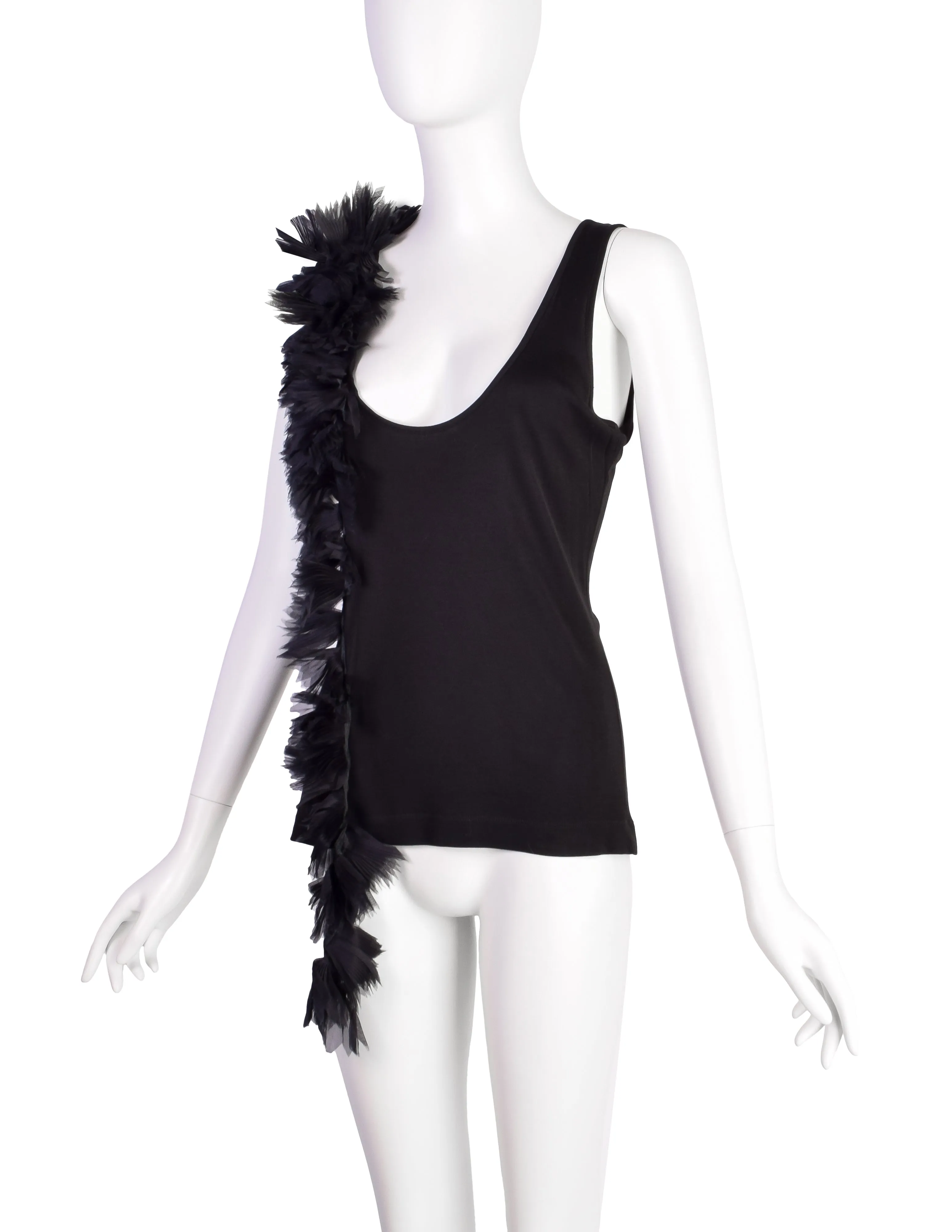 Alexander McQueen Vintage SS 2001 VOSS Black Jersey Tank Top with Pleated Chiffon 'Feather' Tail