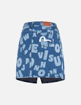 Allover Text Discharge Print Denim Skirt