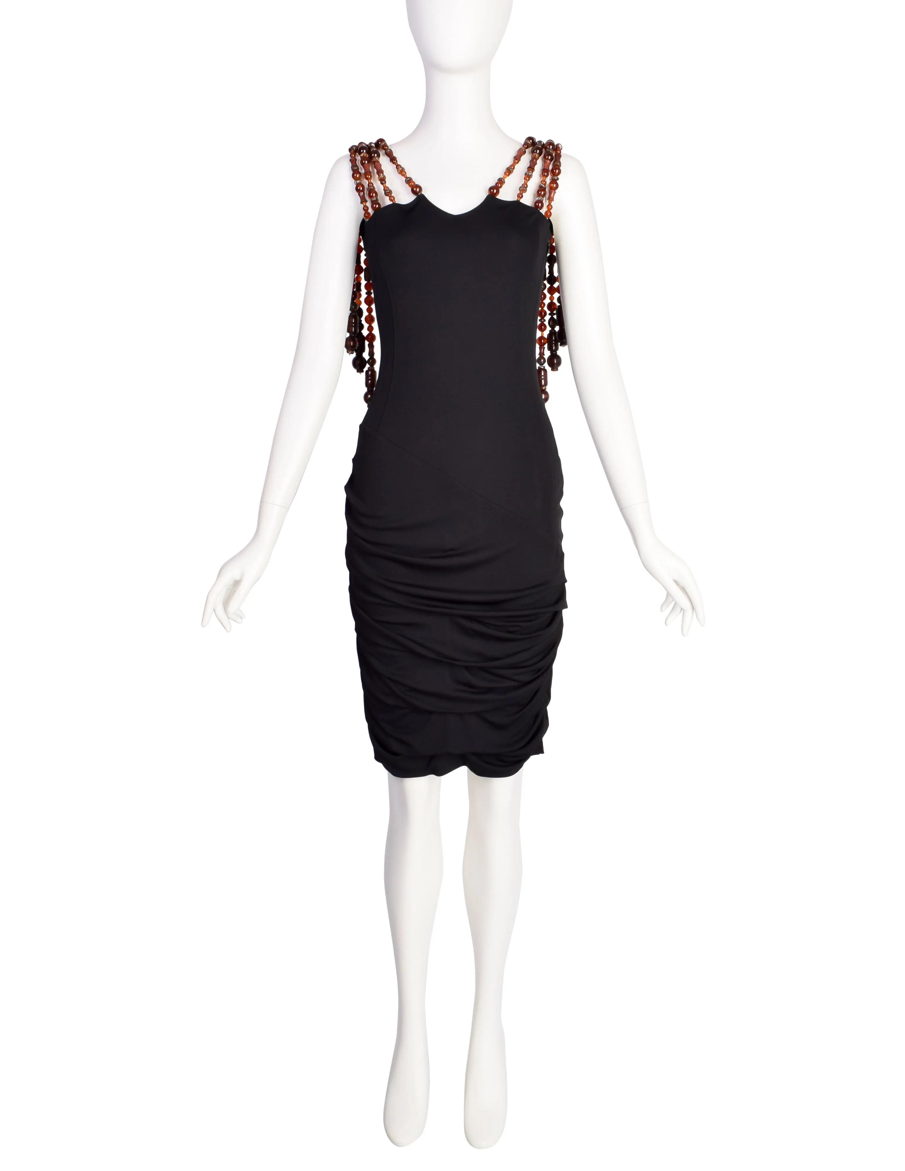 Alma Couture Vintage Black Gathered Body Con Dress with Amazing Beaded Straps