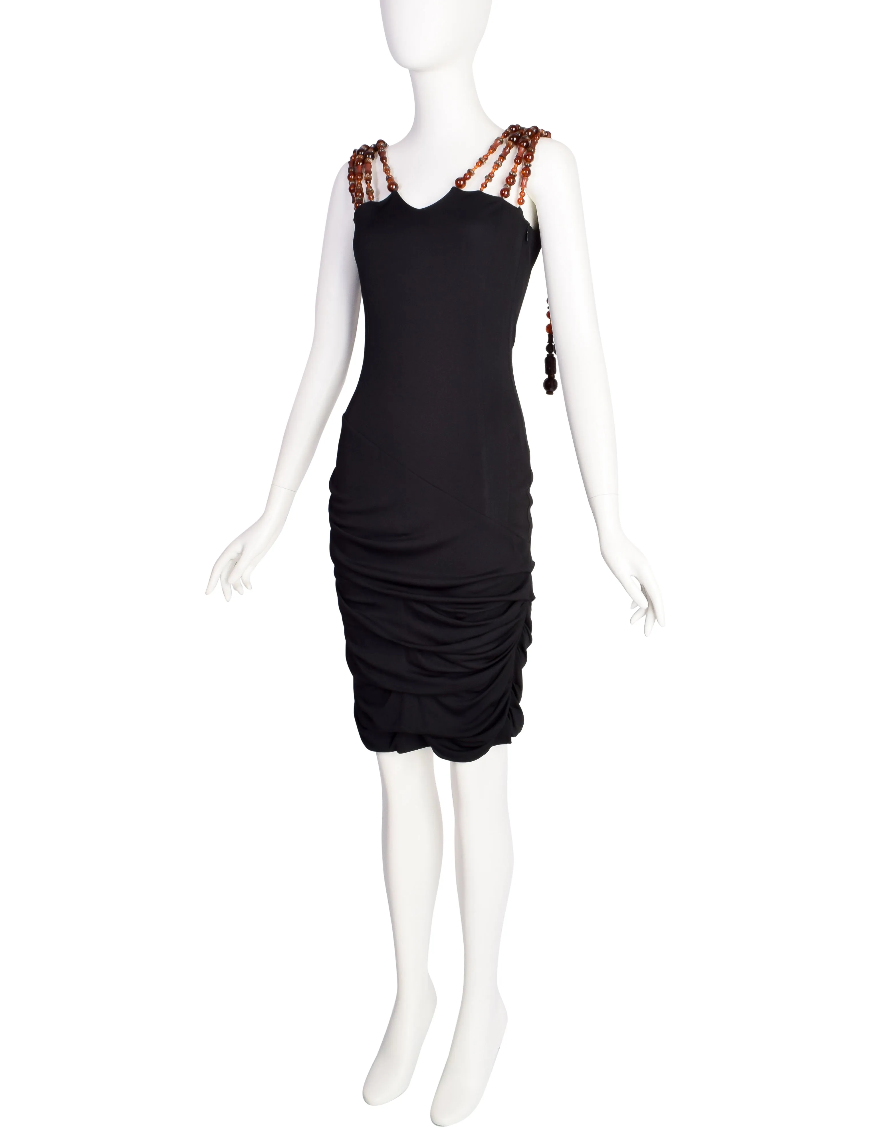 Alma Couture Vintage Black Gathered Body Con Dress with Amazing Beaded Straps