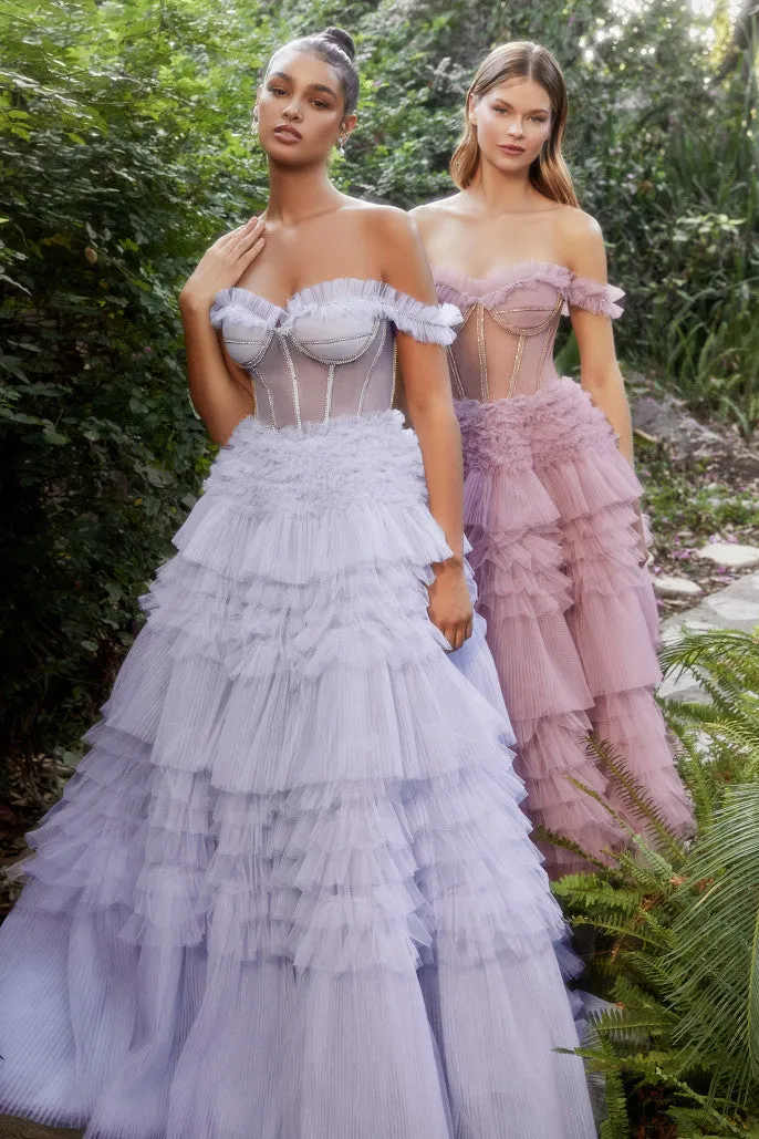 Andrea & Leo Couture A1150 Long off The shoulder Pleated Ruffle Ballgown Sheer Prom Dress