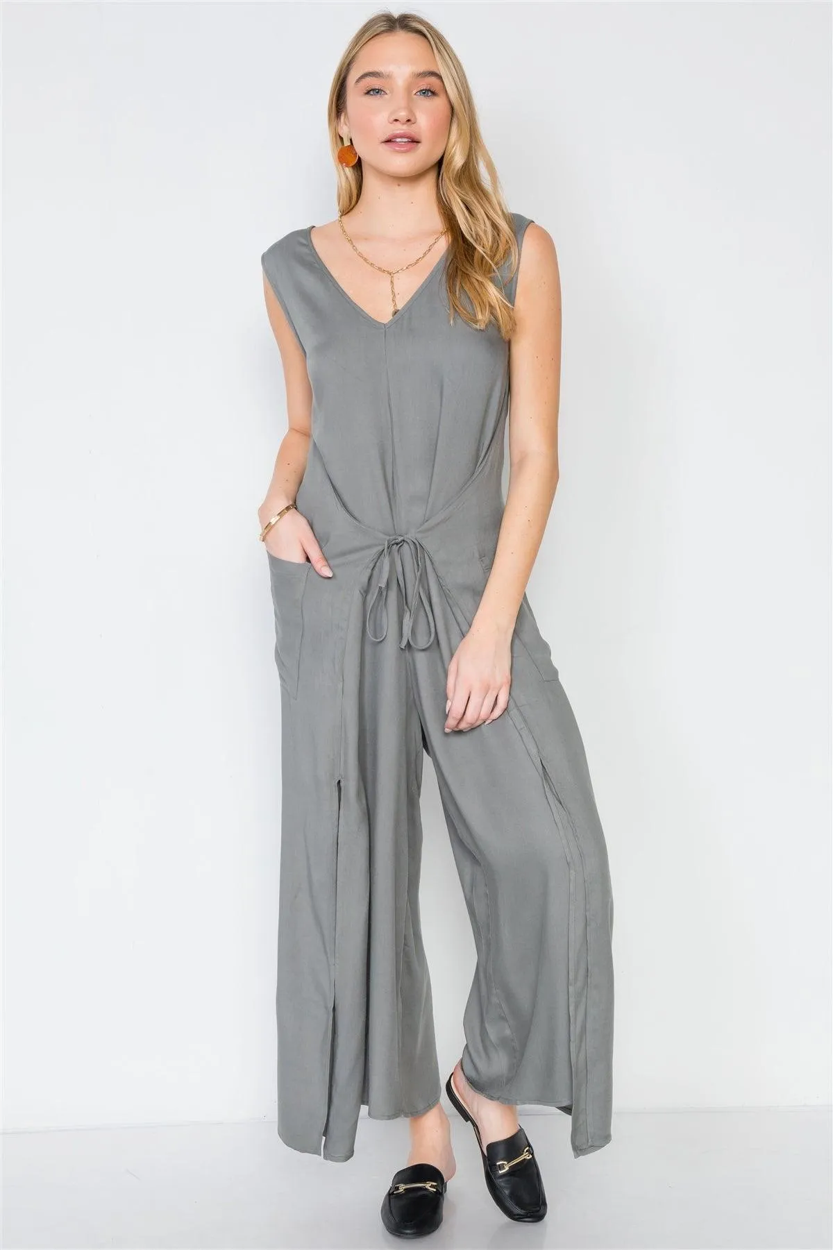 Ash Olive Side Slits Loose Fit Front-Tie Jumpsuit