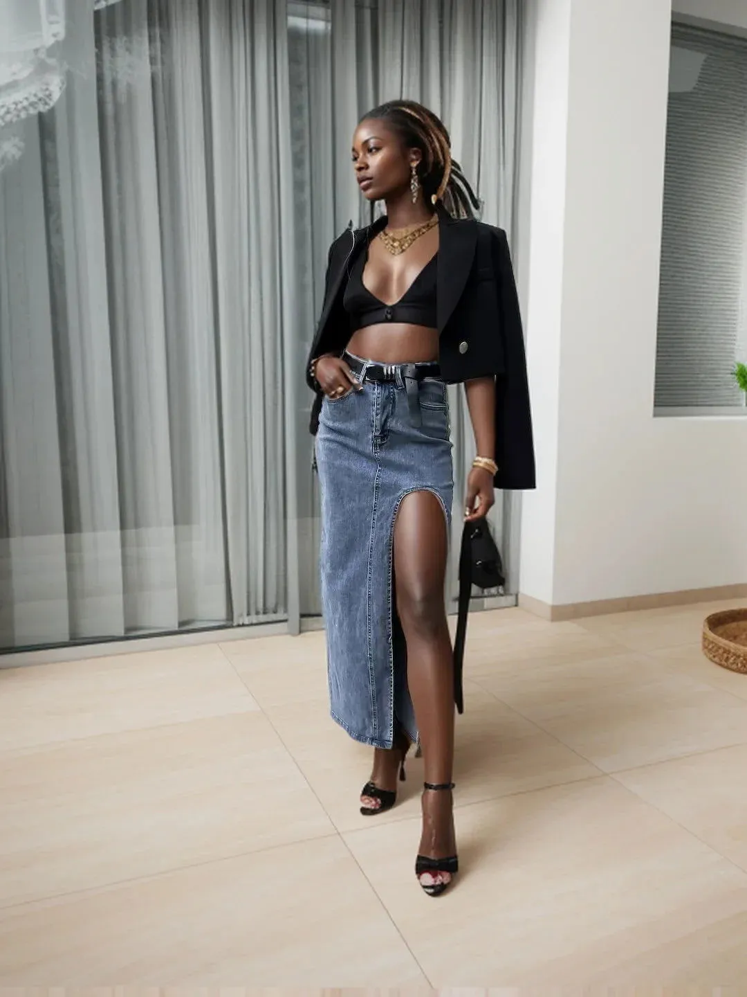 Asymmetrical Irregular Leggy Slit High Waist Denim Skirts