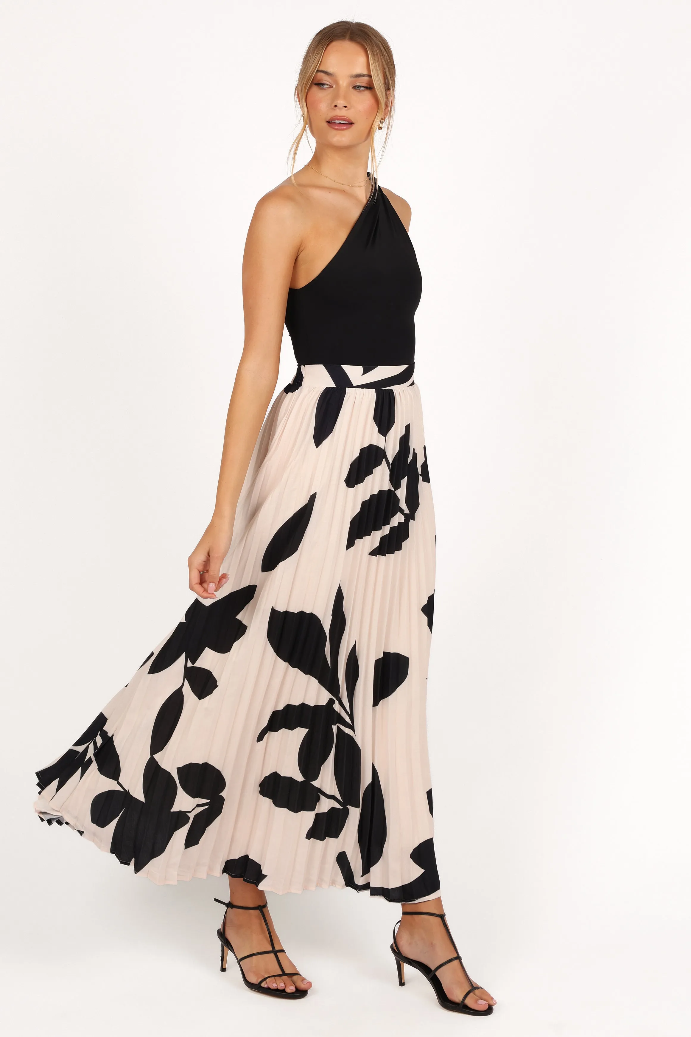 Aurora Pleated Maxi Skirt - Cream Black Floral