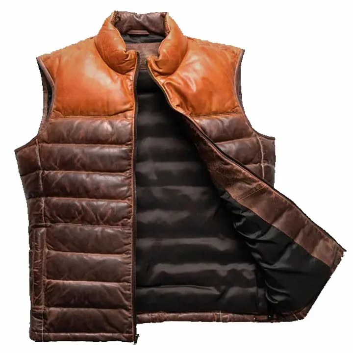 Authentic Brown Bubble Leather Down Vest for Men