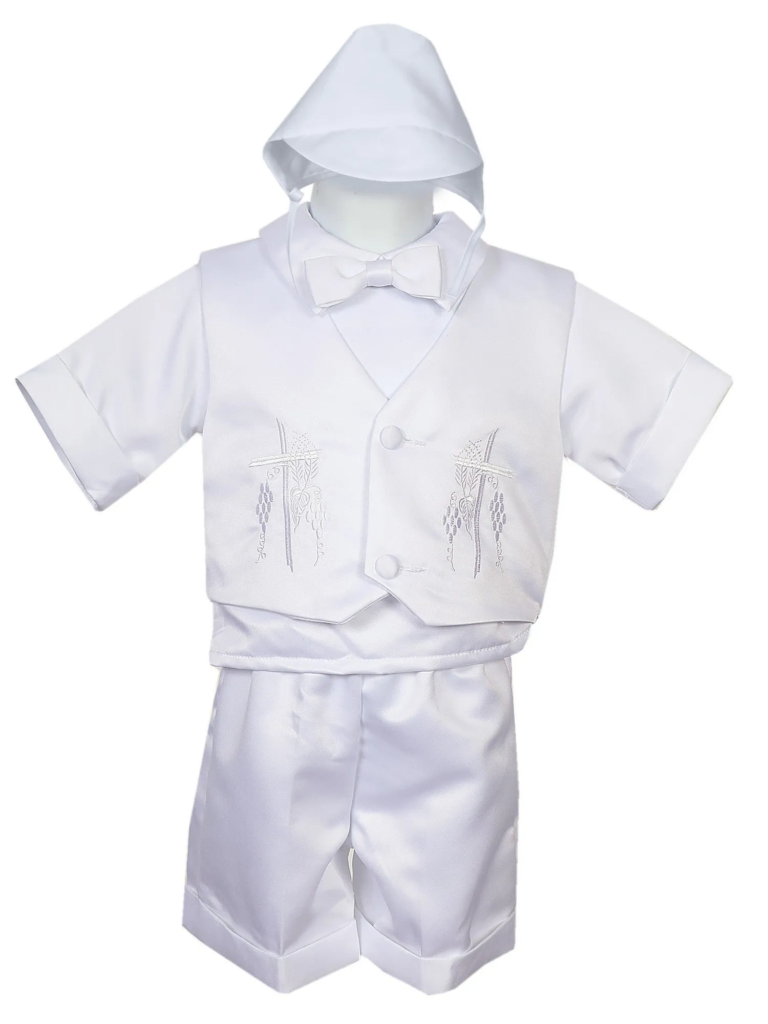 Baby Boys White 4 pc Embroidered Vest Hat Baptism Outfit 3-24M