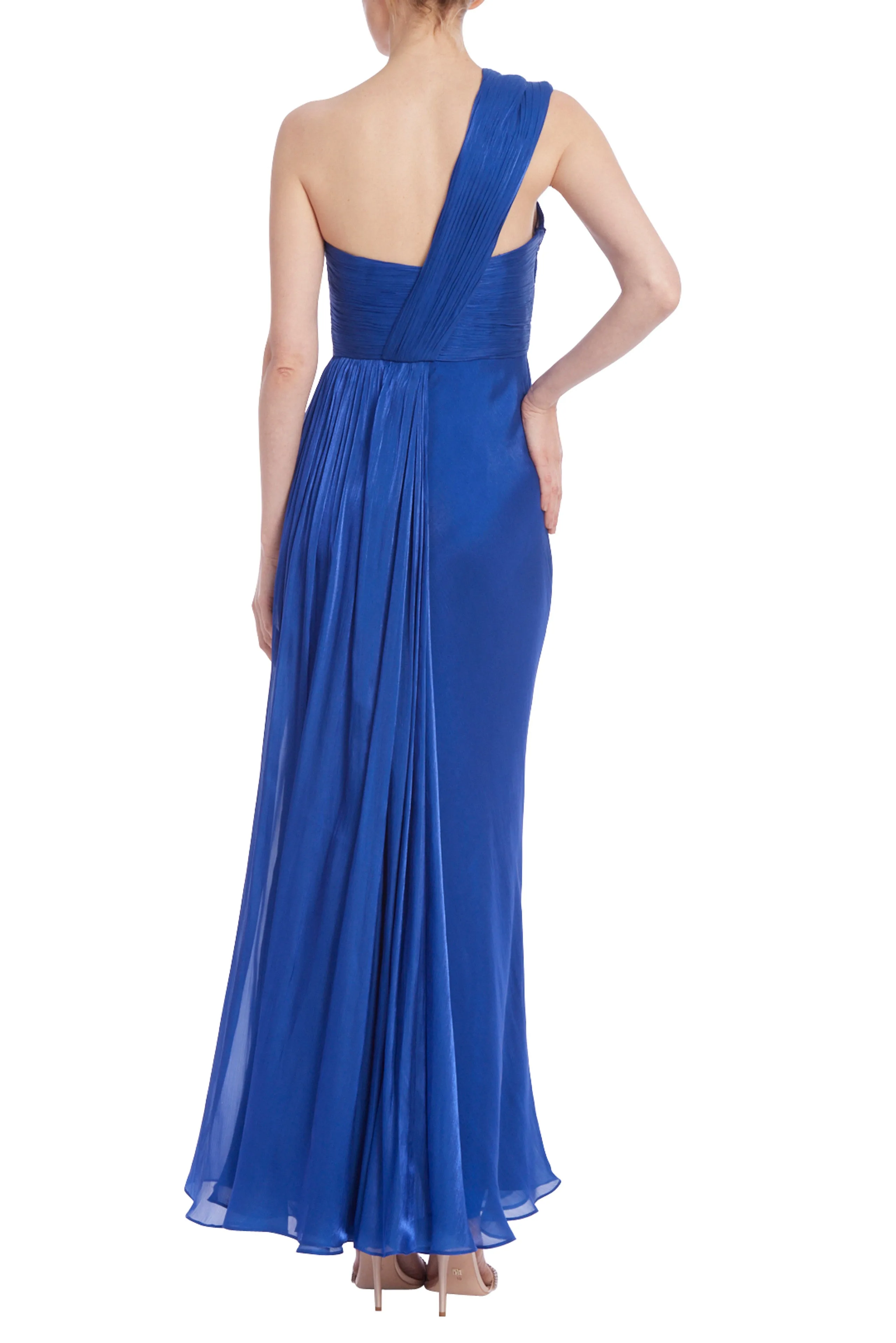 Badgley Mischka Draped One-Shoulder Pleated Chiffon Evening Gown