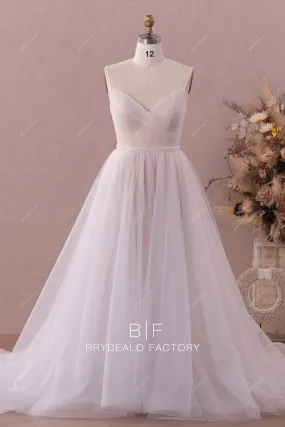 Beaded Straps Pleated V-neck A-line Tulle Wedding Dress