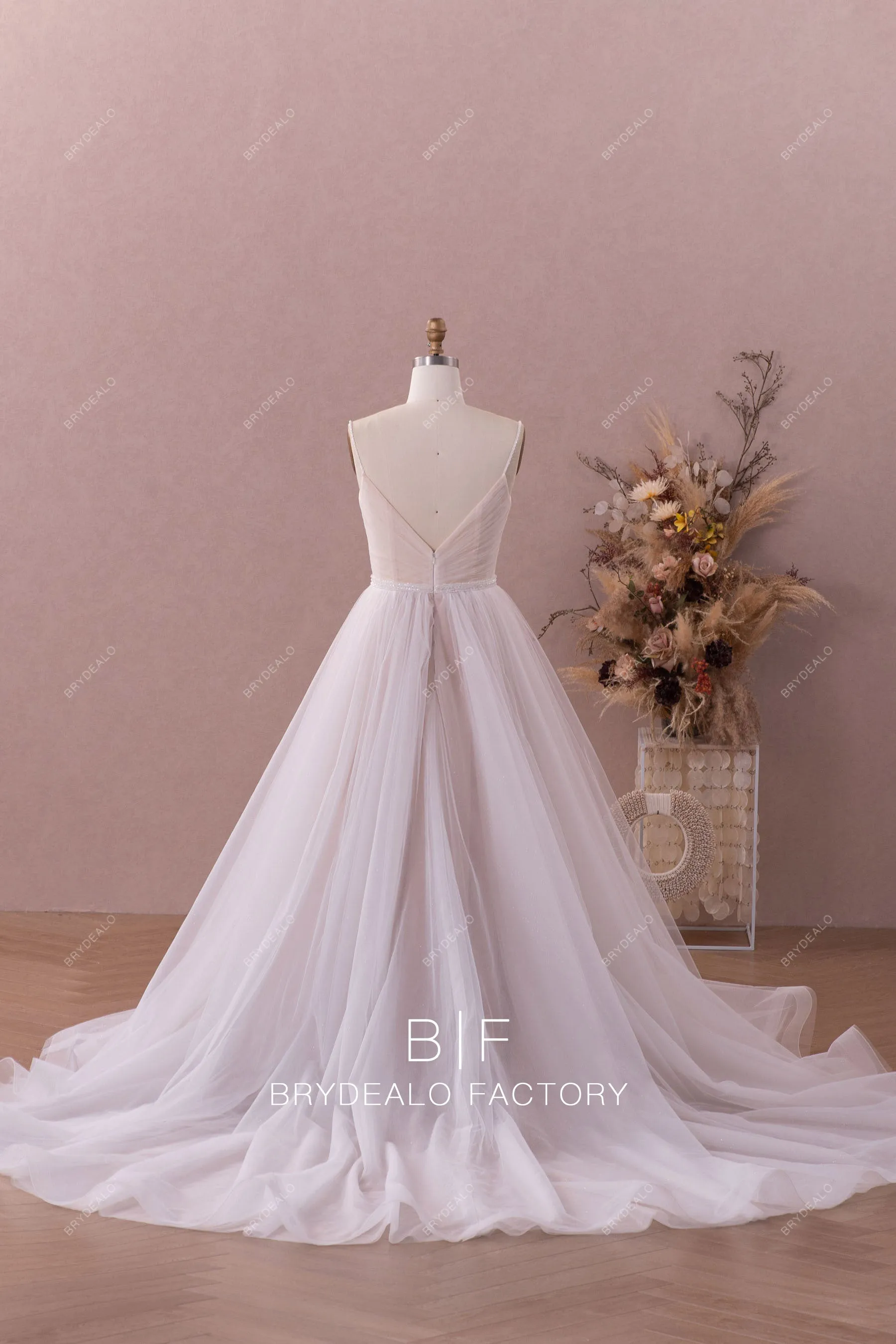 Beaded Straps Pleated V-neck A-line Tulle Wedding Dress