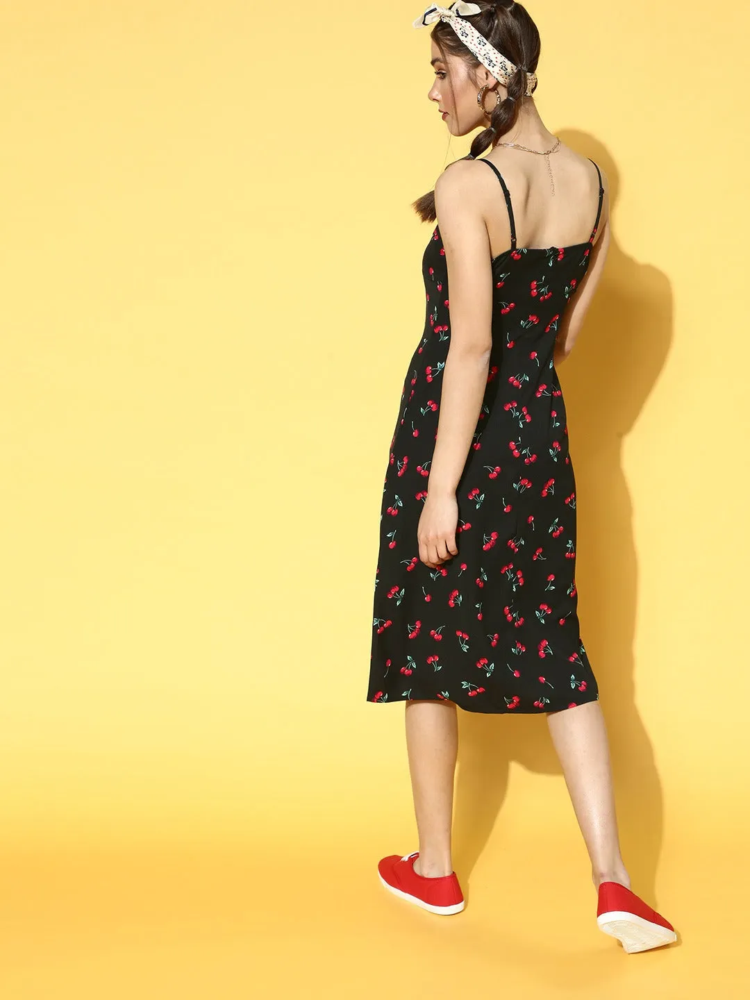 Berrylush Women Black & Red Cherry Printed Sweetheart Neck Straight Hem Slited A-Line Midi Dress