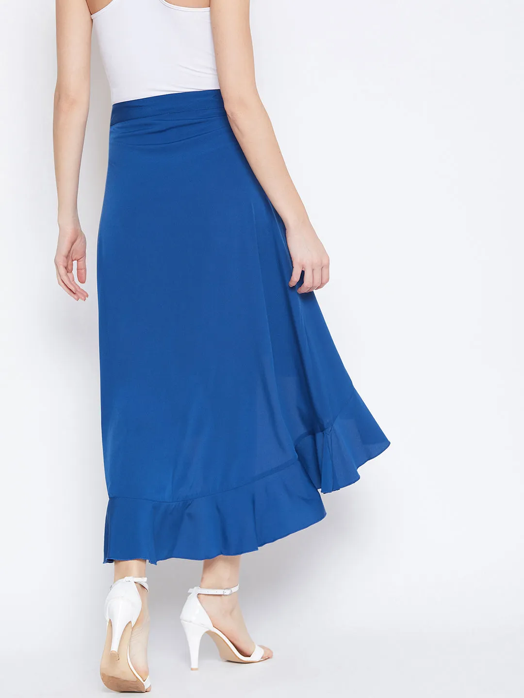 Berrylush Women Solid Blue Asymmetrical Hem Crepe Ruffled Wrap Midi Skirt