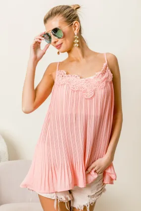 BiBi Front Lace Detailed Pleated Chiffon Cami in Blush