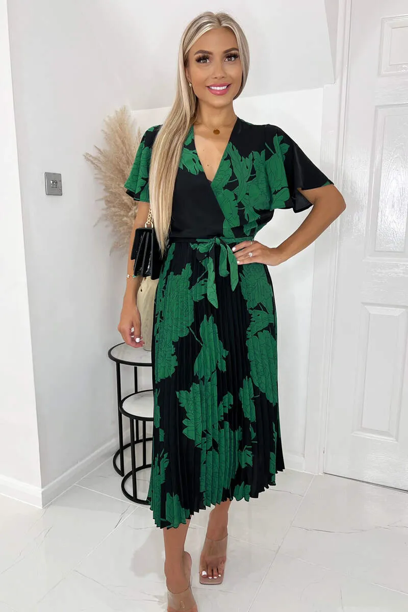 Black And Green Floral Pleated Midi Dress