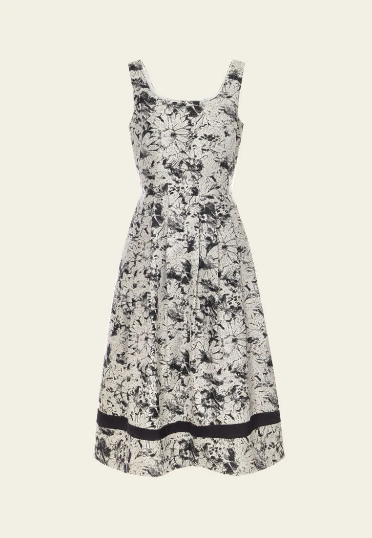 Black-and-white Floral-motif Pleated-detail Dress