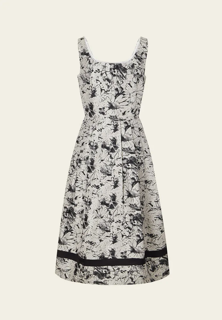 Black-and-white Floral-motif Pleated-detail Dress