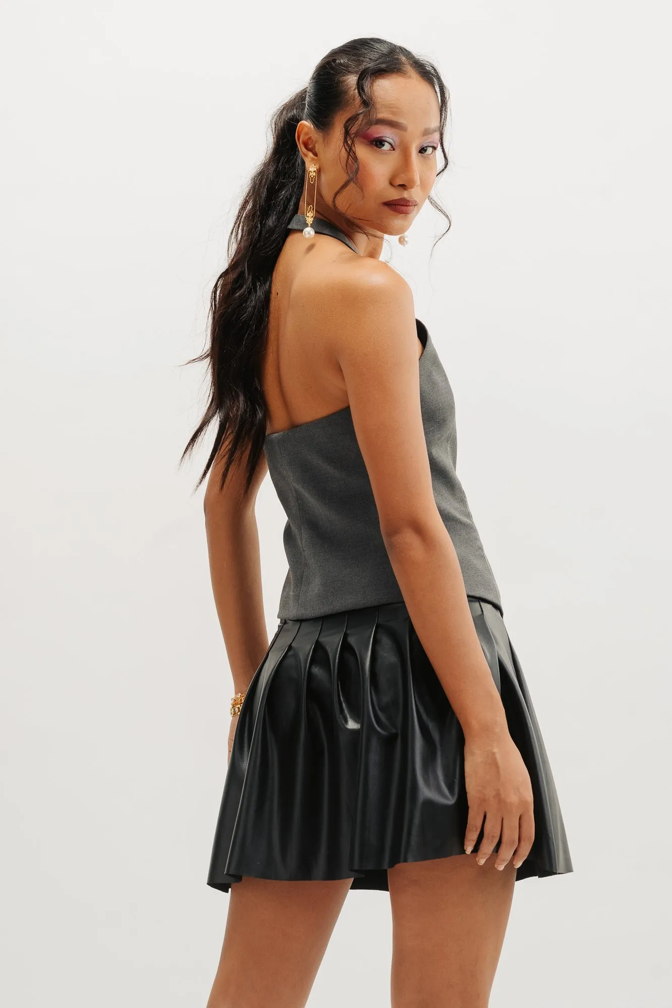 Black Pleated Leather Skirt