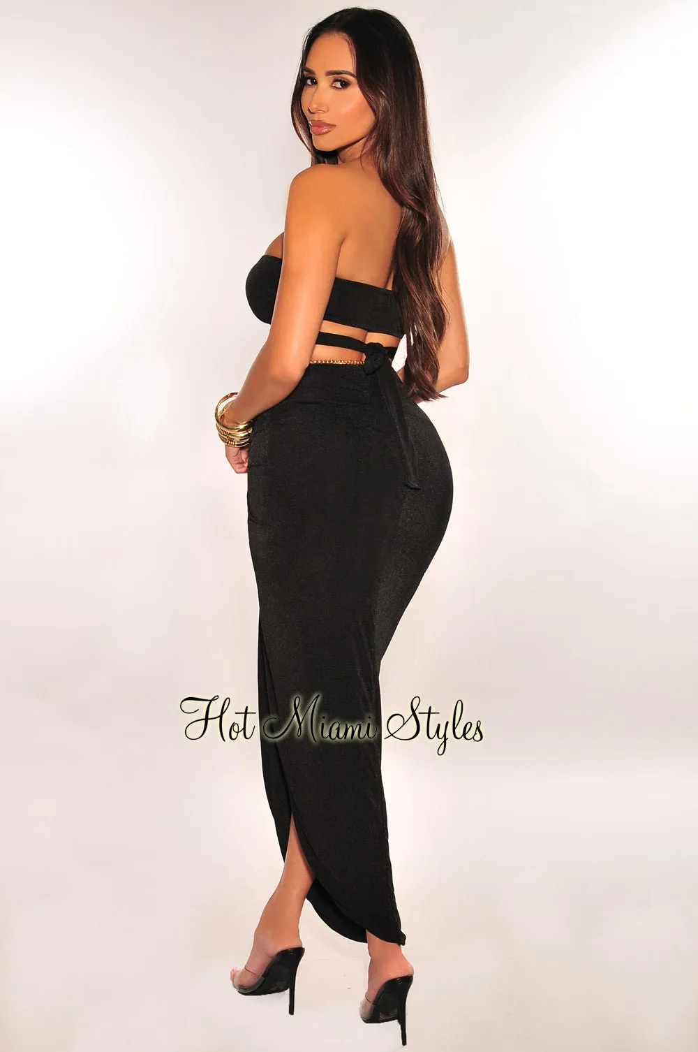 Black Strapless O-Ring Wrap Around Knotted Slit Skirt Two Piece Set