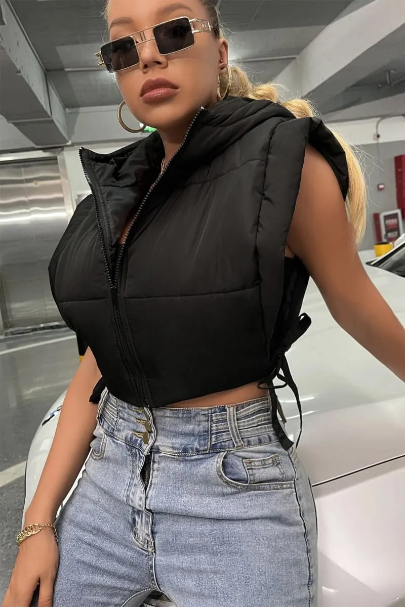 Black Tie Side Hooded Cropped Puffer Vest