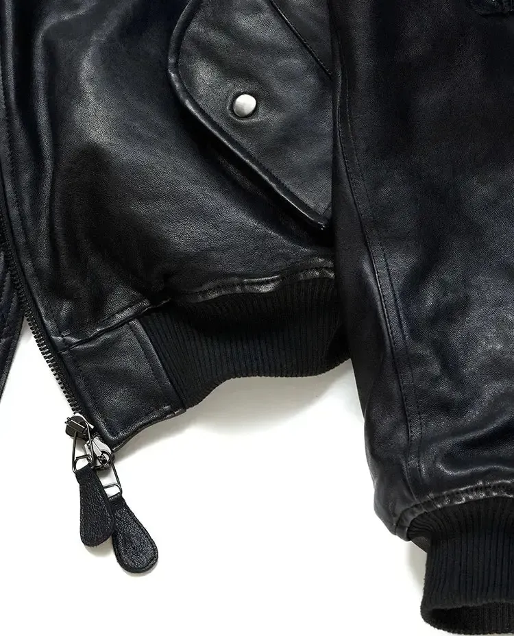 Black Vintage Cropped Leather Bomber Jacket