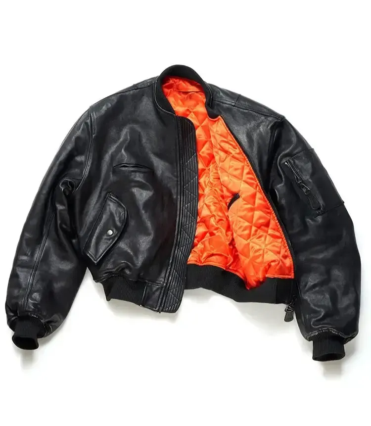 Black Vintage Cropped Leather Bomber Jacket