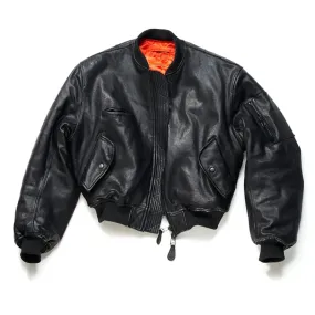 Black Vintage Cropped Leather Bomber Jacket