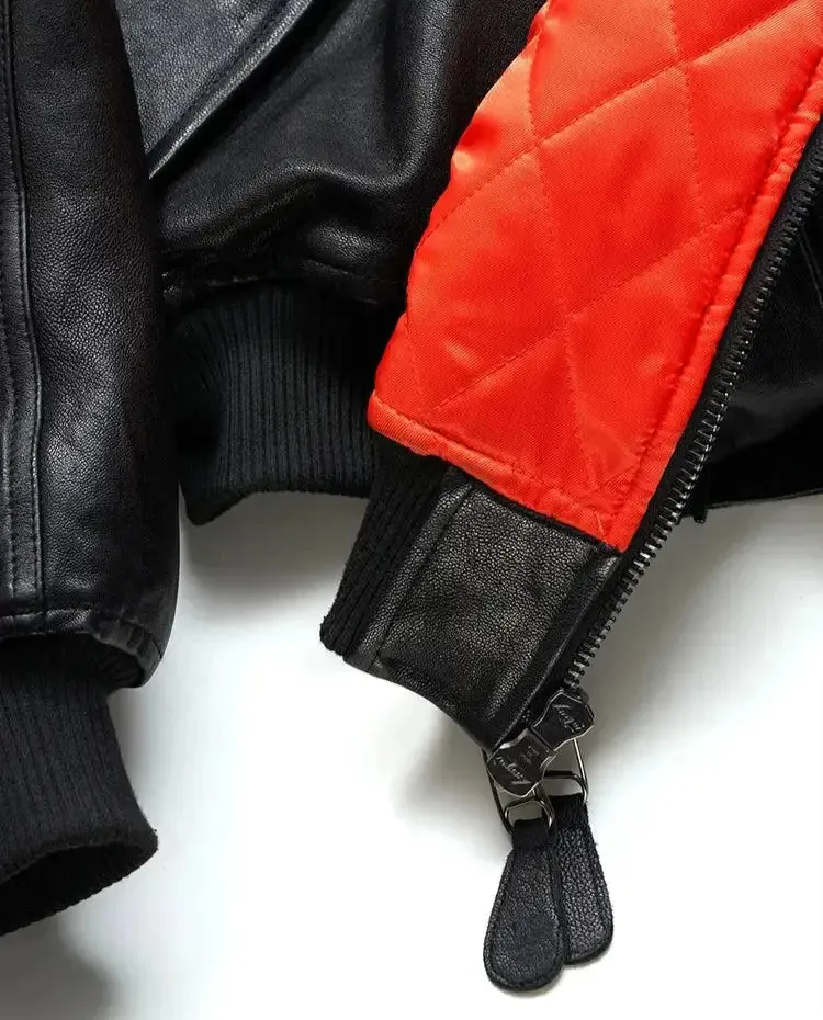 Black Vintage Cropped Leather Bomber Jacket