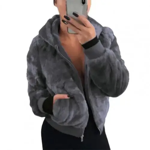 Bonnyshow Plush Jacket Zipper Closure Thickened Elastic Cuff Women Hoodie With Pocket Outwear casacos de inverno feminino jaqueta feminina