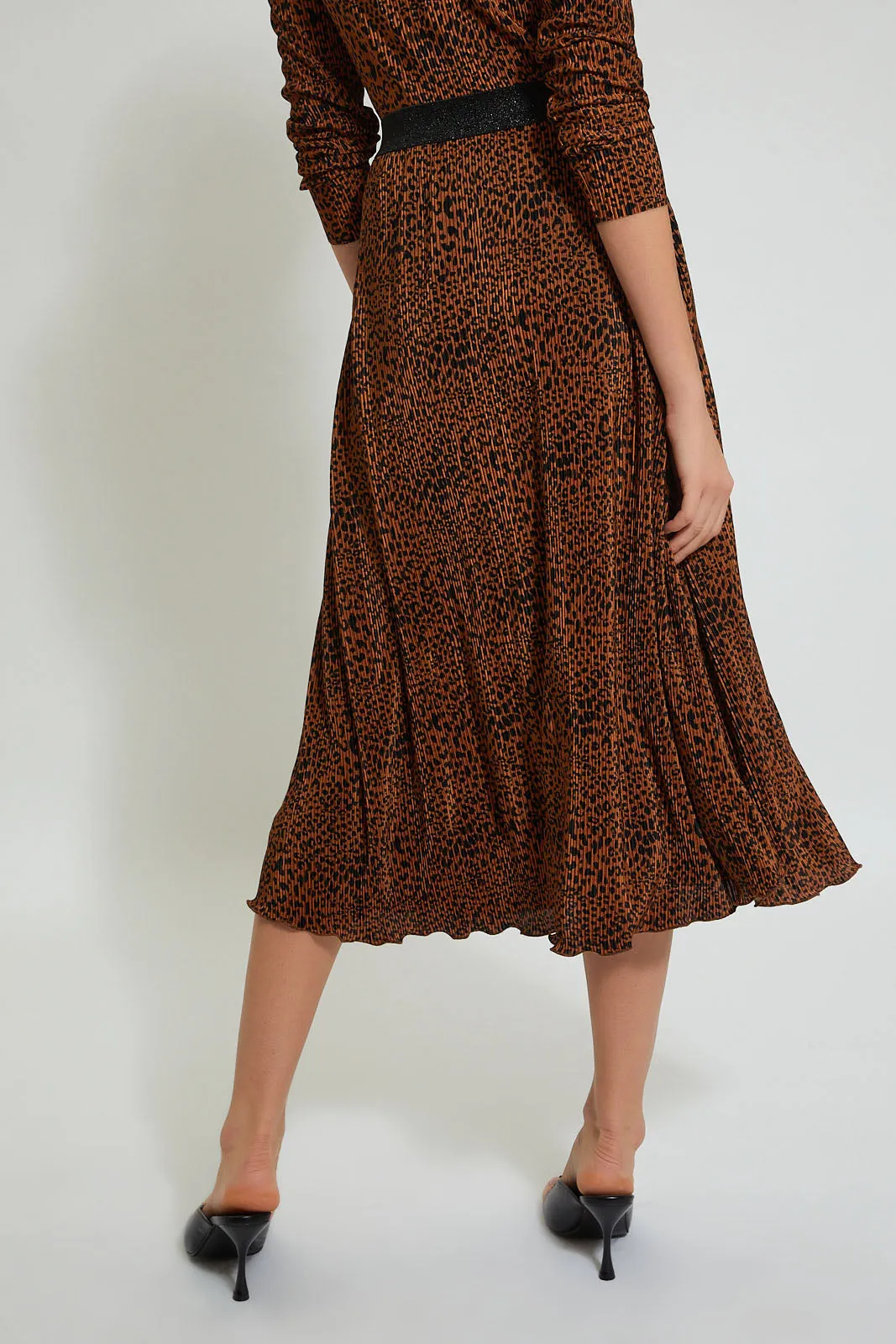 Brown Leopard Print Pleated Skirt