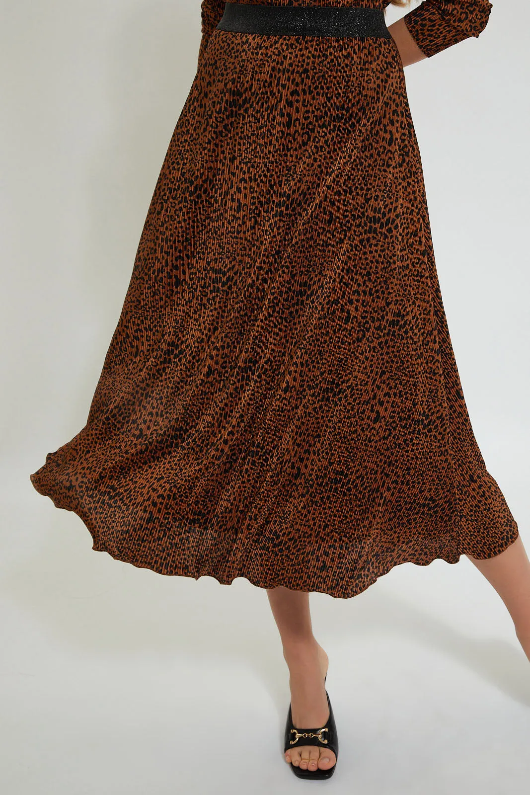 Brown Leopard Print Pleated Skirt