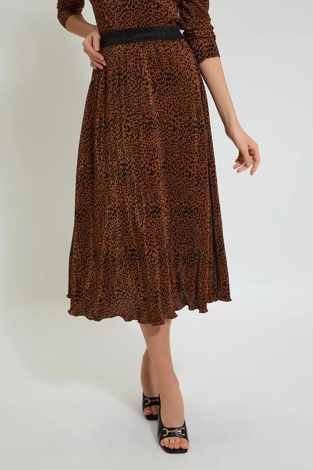 Brown Leopard Print Pleated Skirt