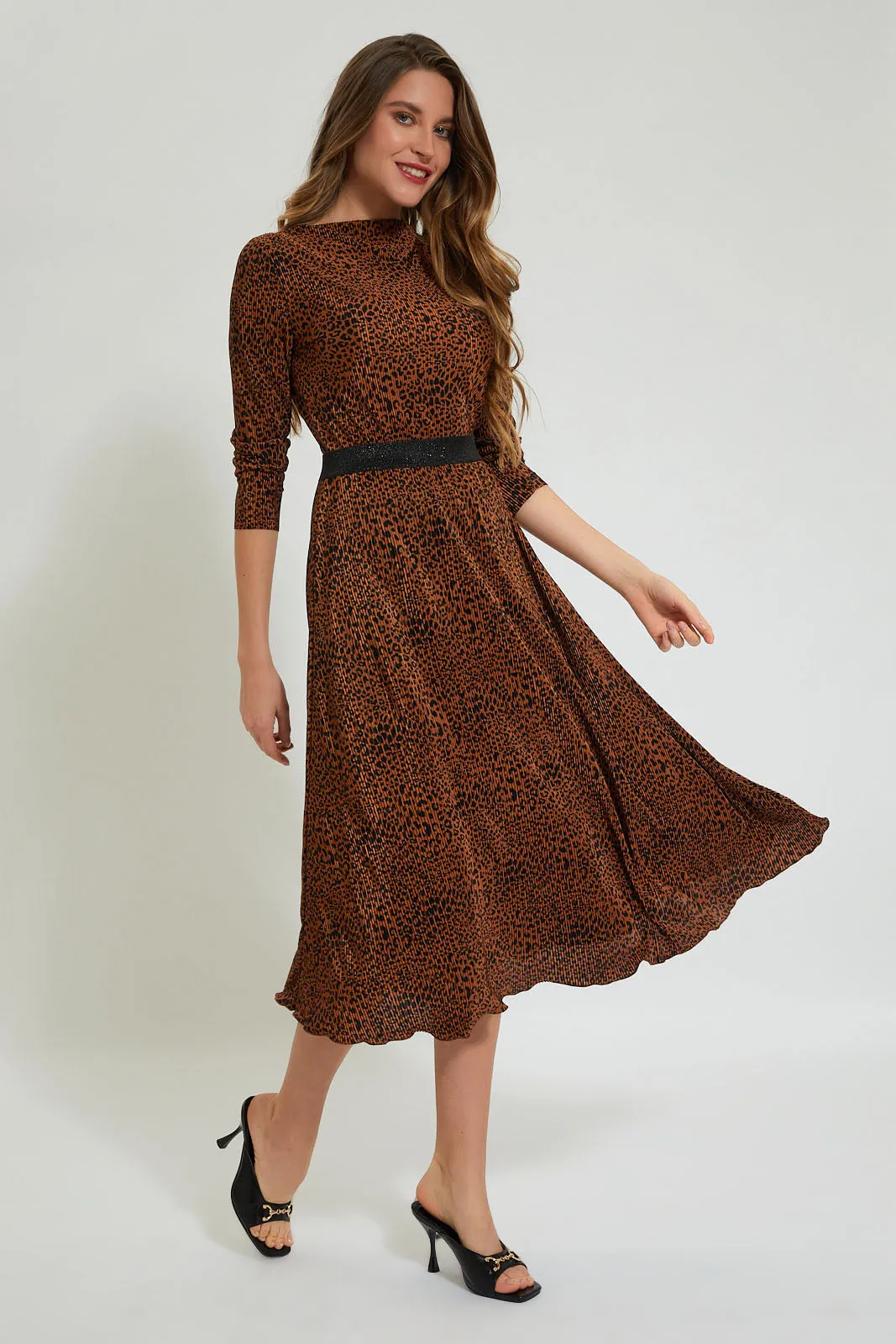 Brown Leopard Print Pleated Skirt