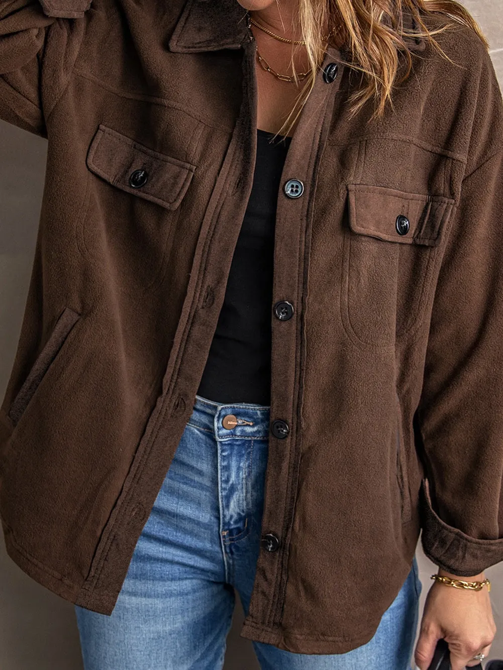 Brown Pocket Detail Fleece Jacket