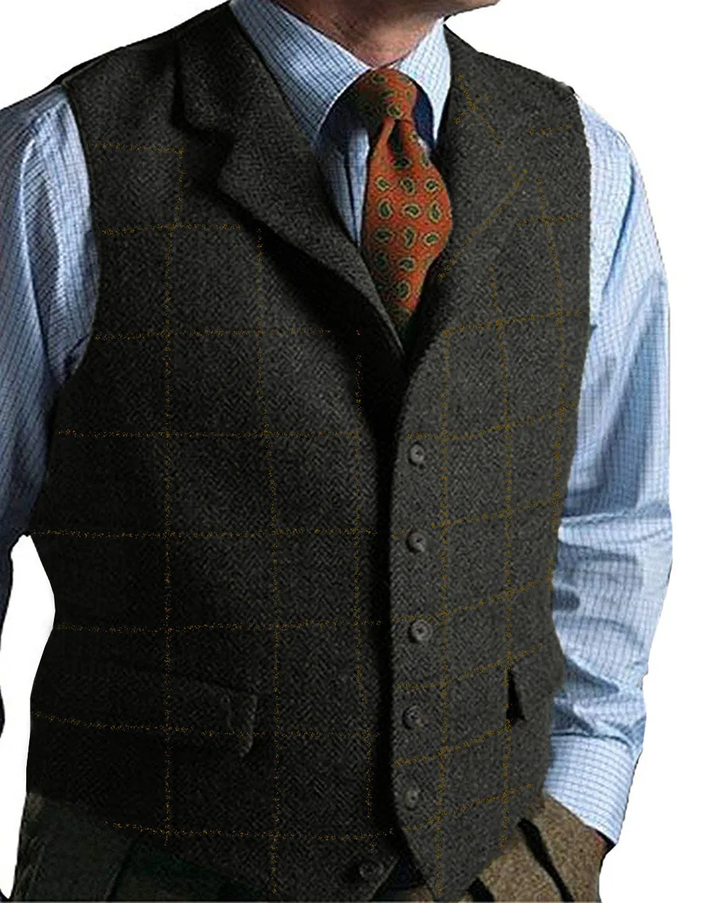 Casual Men's Classic Tweed Plaid Notch Lapel Waistcoat