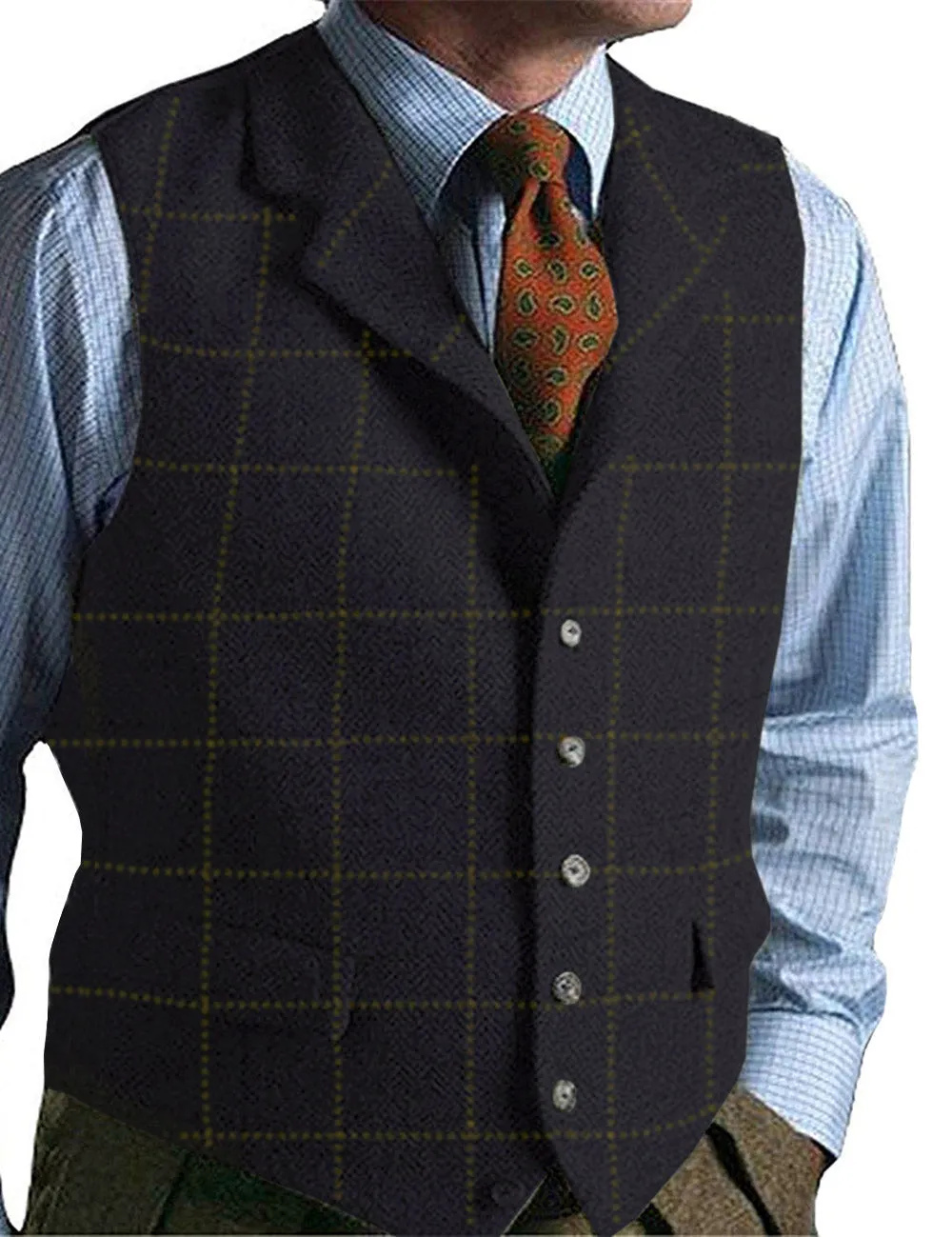 Casual Men's Classic Tweed Plaid Notch Lapel Waistcoat