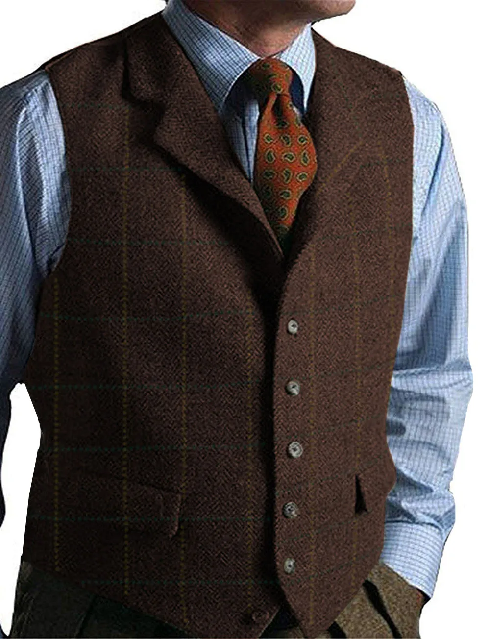 Casual Men's Classic Tweed Plaid Notch Lapel Waistcoat