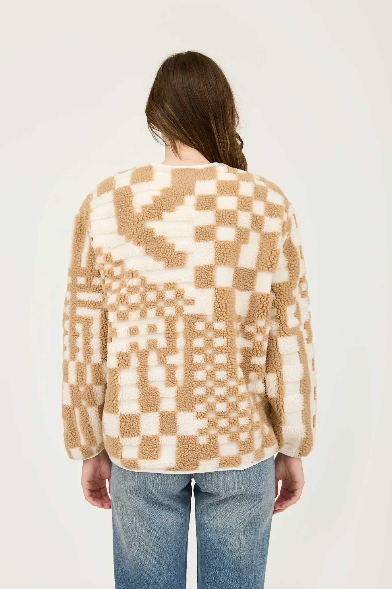 CHECKERED V NECK BUTTON DOWN FLEECE JACKET