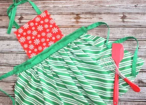 Children's Apron - Red Snowflakes with Green Peppermint Stripes