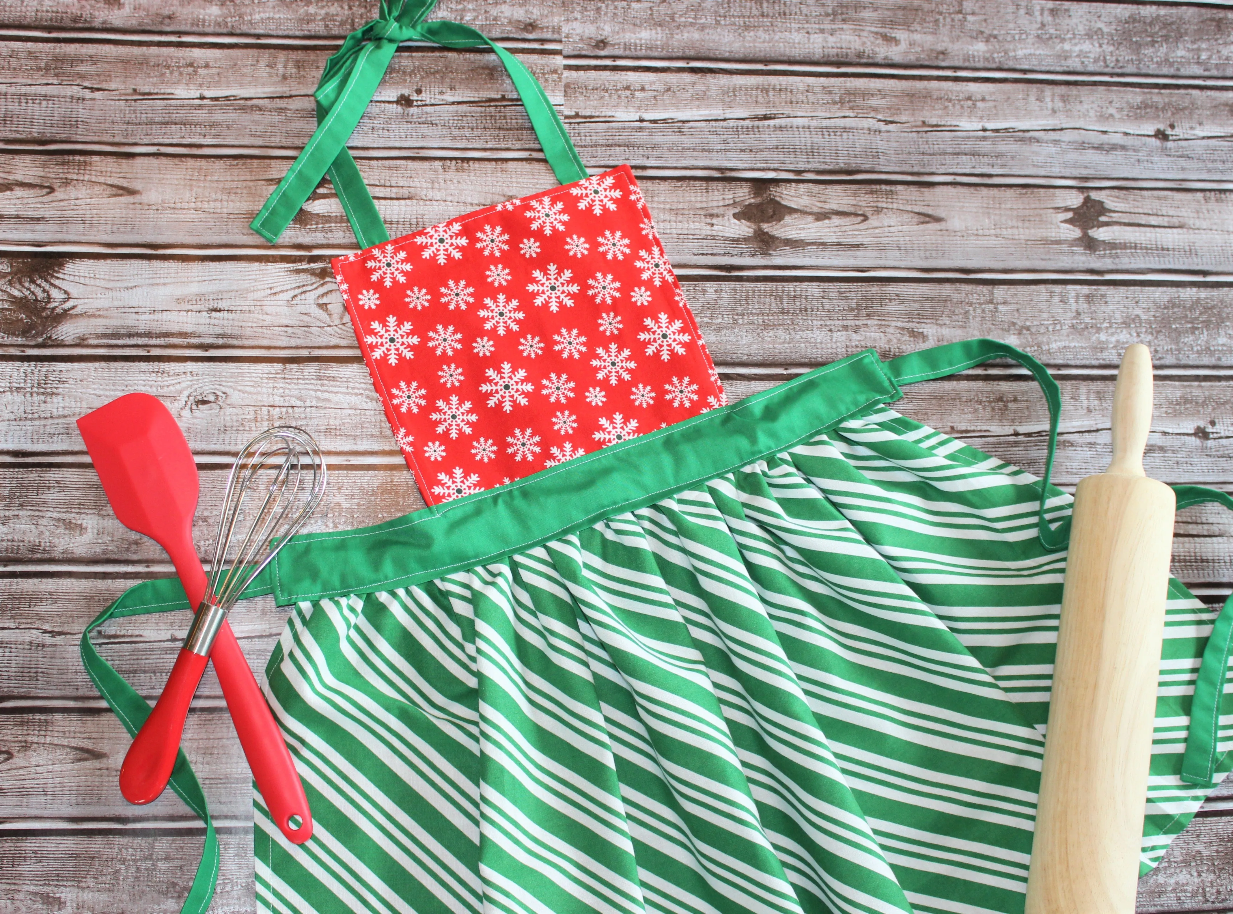 Children's Apron - Red Snowflakes with Green Peppermint Stripes