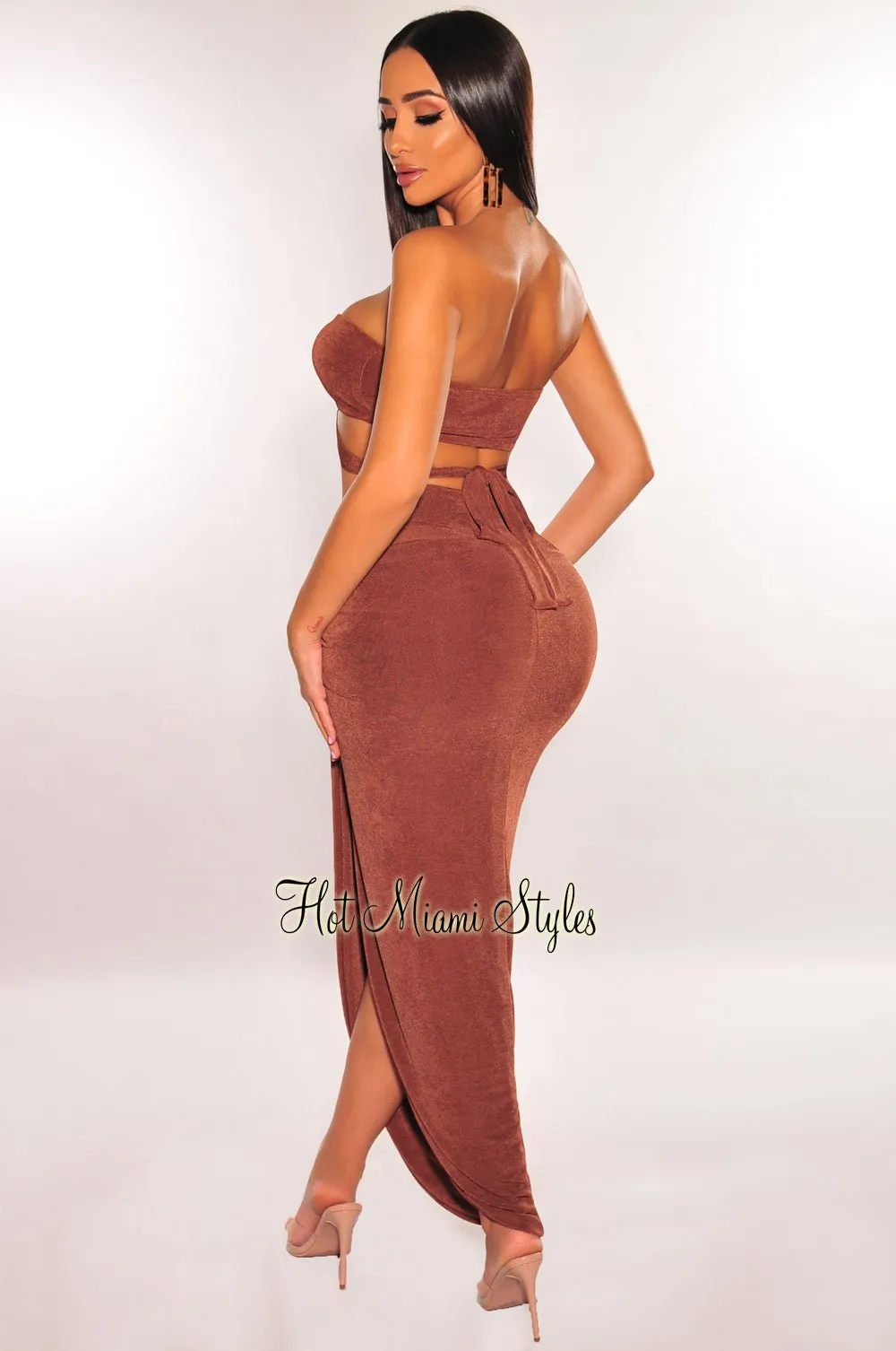 Chocolate Strapless O-Ring Wrap Around Knotted Slit Skirt Two Piece Set